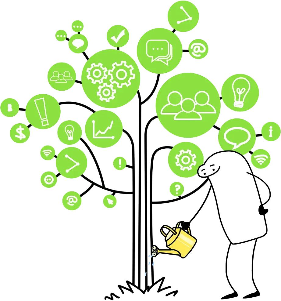 Дерево з іконками та людиною, що поливає його